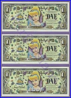 2005 $1 Cinderella DISNEY DOLLARS (3)Consecutive A0007688-7690 Disneyland's 50th