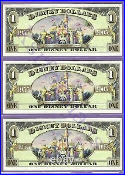 2005 $1 Cinderella DISNEY DOLLARS (3)Consecutive A0007688-7690 Disneyland's 50th