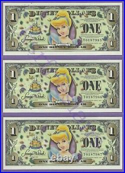 2005 $1 Cinderella DISNEY DOLLARS (3) Consecutive T0187985-987 Disneyland's 50th