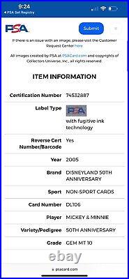 2005 Disneyland 50th Anniversary Mickey Mouse Minnie PSA 10 Gem Mint pop 1
