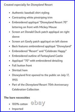 2025 Disneyland 70th Anniversary Baseball Jersey L XXL 3XL NEW