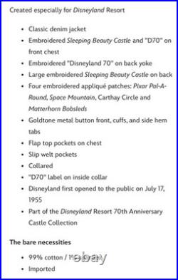 2025 Disneyland 70th Anniversary Sleeping Beauty Castle Denim Jacket L XL NEW