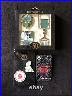 DLR Haunted Mansion 50th Anniversary Set of 4 Porch Pins, Ballroom, and AP Pins