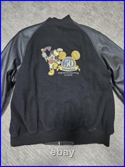 Disneyland 50th Anniversary Black Wool Varsity Bomber Leather Jacket Mens Large