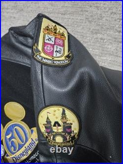 Disneyland 50th Anniversary Black Wool Varsity Bomber Leather Jacket Mens Large