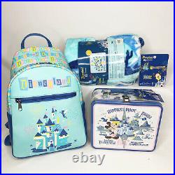 Disneyland Resort 65th Anniversary LOT Backpack Lunchbox Throw Blanket and Pins